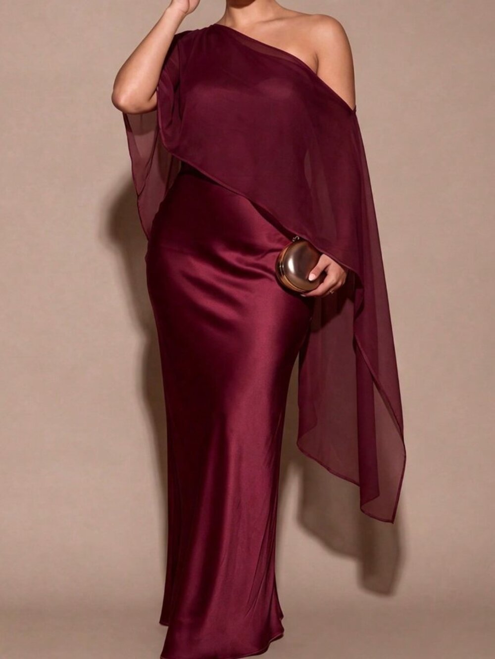 Burgundy Party Women's Plus Size Long Asymmetrical Shoulder Dress - Picture 7 of 7